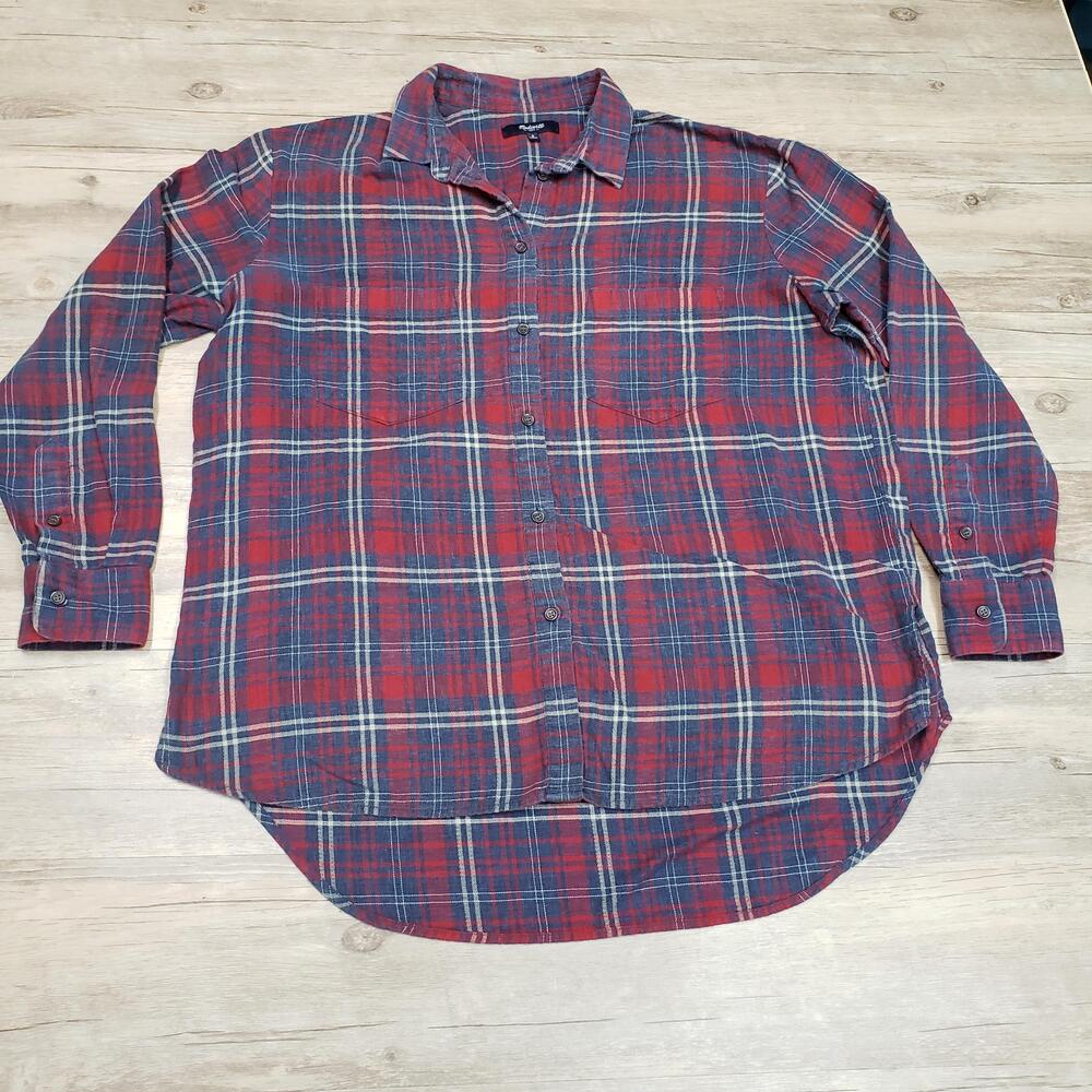 Madewell Shirt Womens Small Red Blue Plaid Flannel Long Sleeve Button Down Top